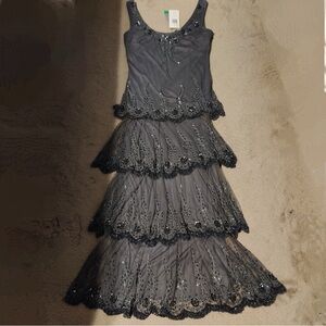 Stenay Black Gray Beaded Tiered Dress Scalloped Floral Gown